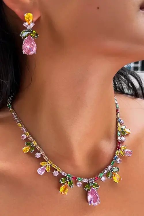 Luxury Cubic Zircon Necklace and Earrings Colorful Jewelry Set for Women (SN-99)
