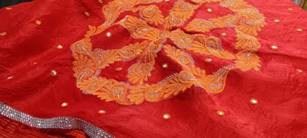 Stunning Handwoven Red Muslin Saree with Karchupi Work and White Stones – Perfect for Festive and Party Wear