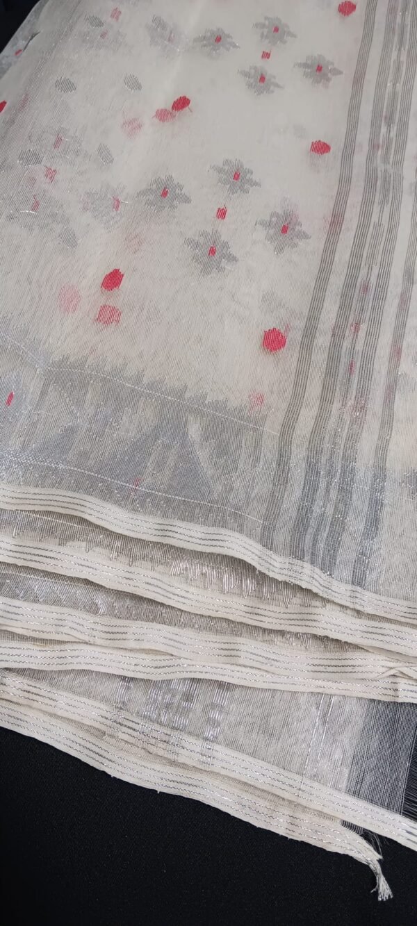 Timeless Off-White Jamdani Saree with Subtle Red Details – Perfect for Festive and Party Wear