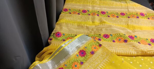 Radiant Yellow Handwoven Muslin Saree – Perfect for Festive and Party Wear - Image 5