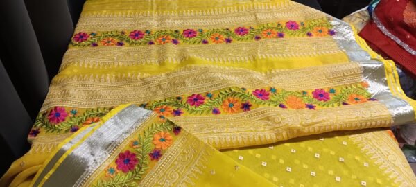 Radiant Yellow Handwoven Muslin Saree – Perfect for Festive and Party Wear - Image 4